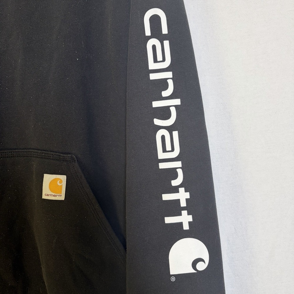 Carhartt Mens Large Loose Fit Sleeve Logo Hoodie Black Pullover Sweatshirt - Picture 2 of 7
